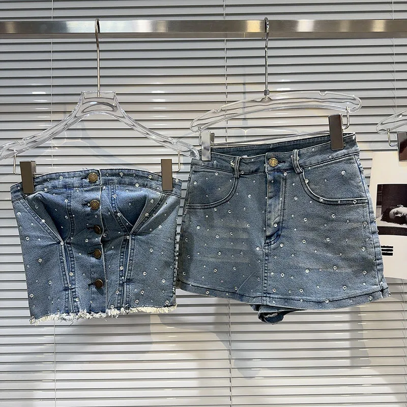 

Женский джинсовый комплект из двух предметов, летний комплект из бюстгальтера с оборками и короткой юбки, 2024