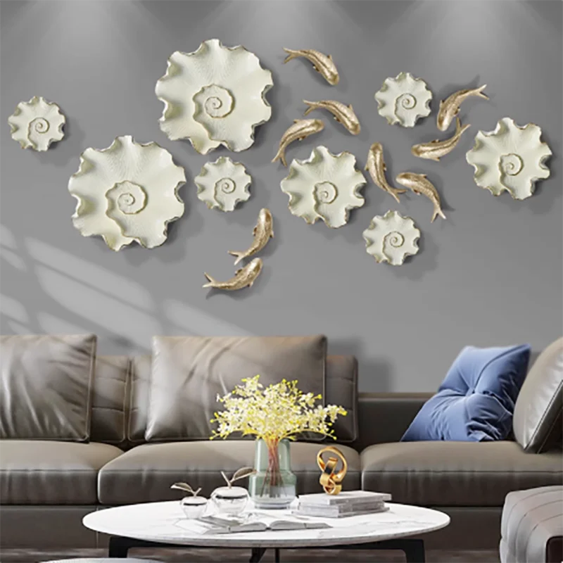 Chinese Lotus Leaf Koi Goldfish Resin Wall Accessories Items Home Room Background Wall Mural Decoration Cafe Hotel Sticker