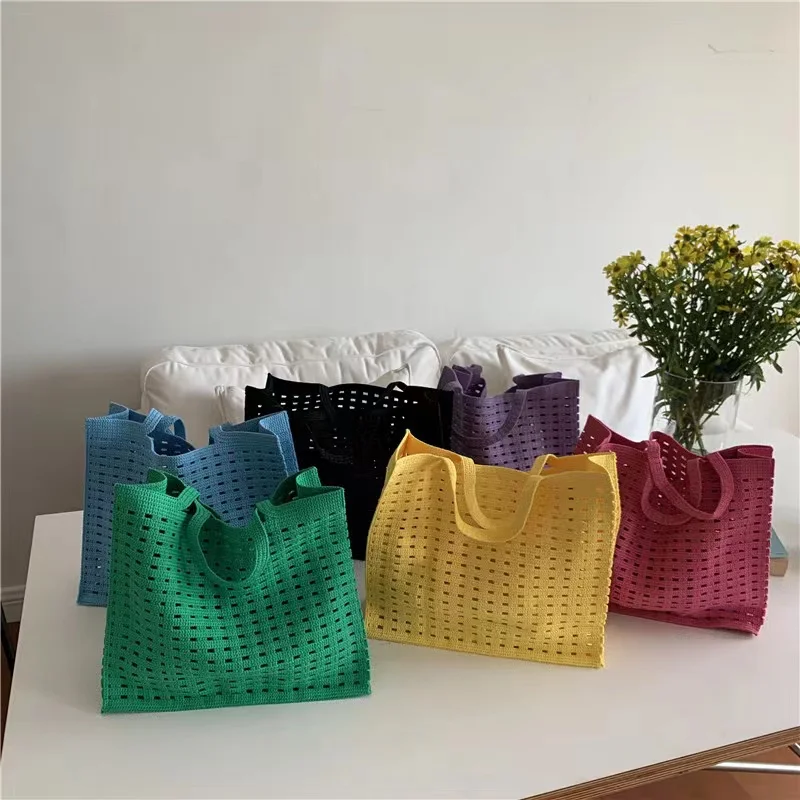 Ins Woven Waffle Hollow de rejilla gran capacidad portátil, hecho a mano bolso de mano de lana, bolsos de ganchillo grandes - AliExpress