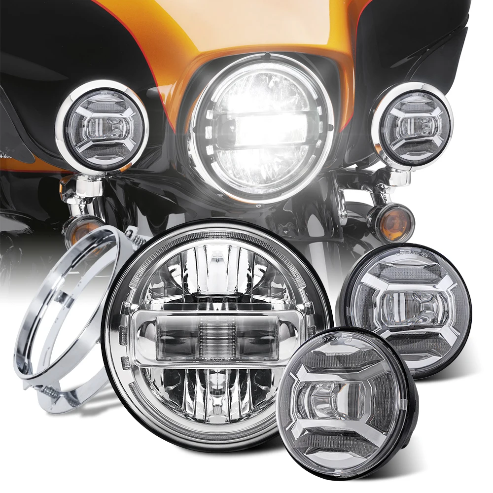 Chrome/Black 7inch Led Headlight Round + 2x 41/2" Fog Light Passing