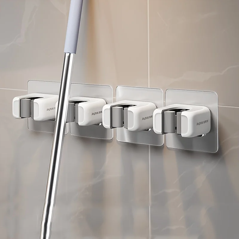 4 عبوات من الممسحة وحامل المكنسة المثبت على الحائط، مشبك تخزين بلاستيكي على الطراز الحديث، لا يتطلب حفر، ممسحة ذاتية اللصق ورف المكنسة، رف تخزين الأدوات البلاستيكية المنزلية