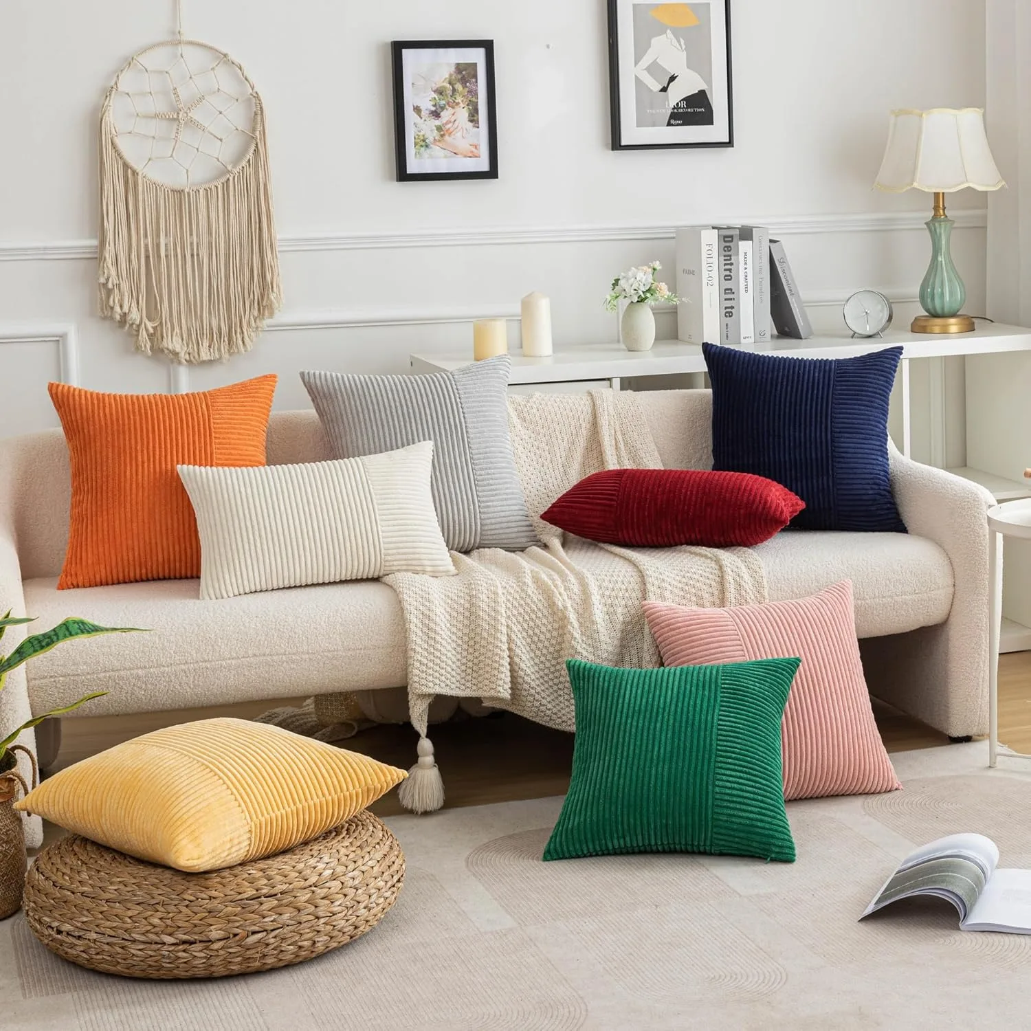 1pc Corduroy pillowcase Yellow stripe patchwork design Solid Cushion Cover, Throw Pillow Case, For Sofa, Couch 45x45CM 30x50CM 5