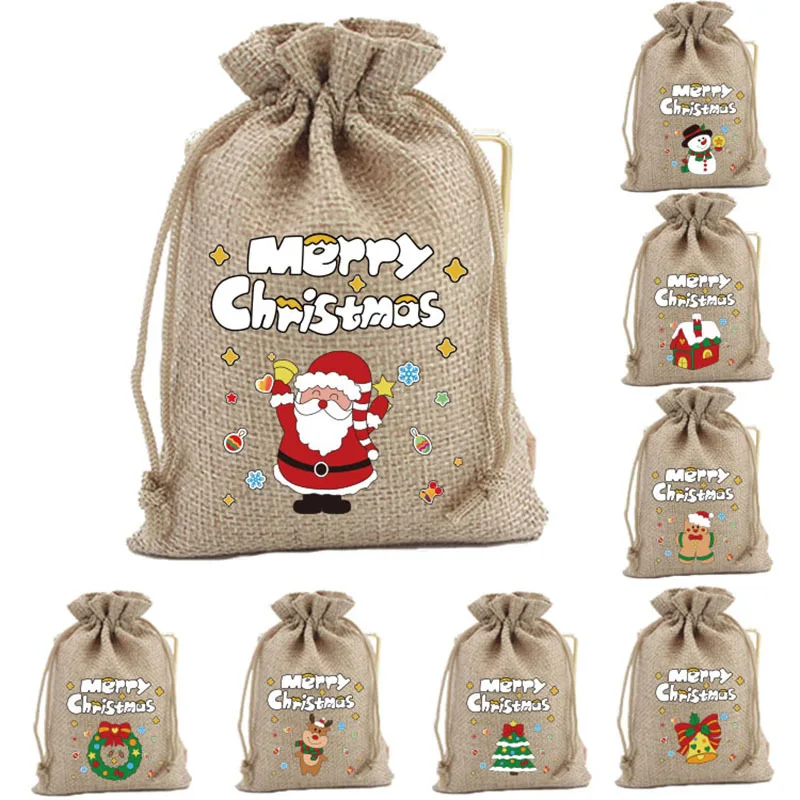 Weihnachten farbige Leinen Kordelzug Tasche Weihnachten Süßigkeiten Cookie Geschenk Verpackung Tasche Cartoon Weihnachten Elch Schmuck Geschenk Aufbewahrungstasche – Detail 7