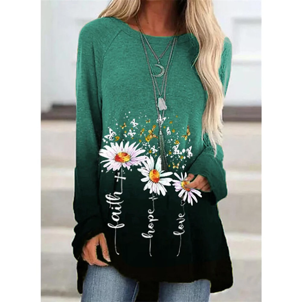 

2024 Spring new women's long round neck T-shirt with small daisy flower print long sleeved casual weekend shopping top