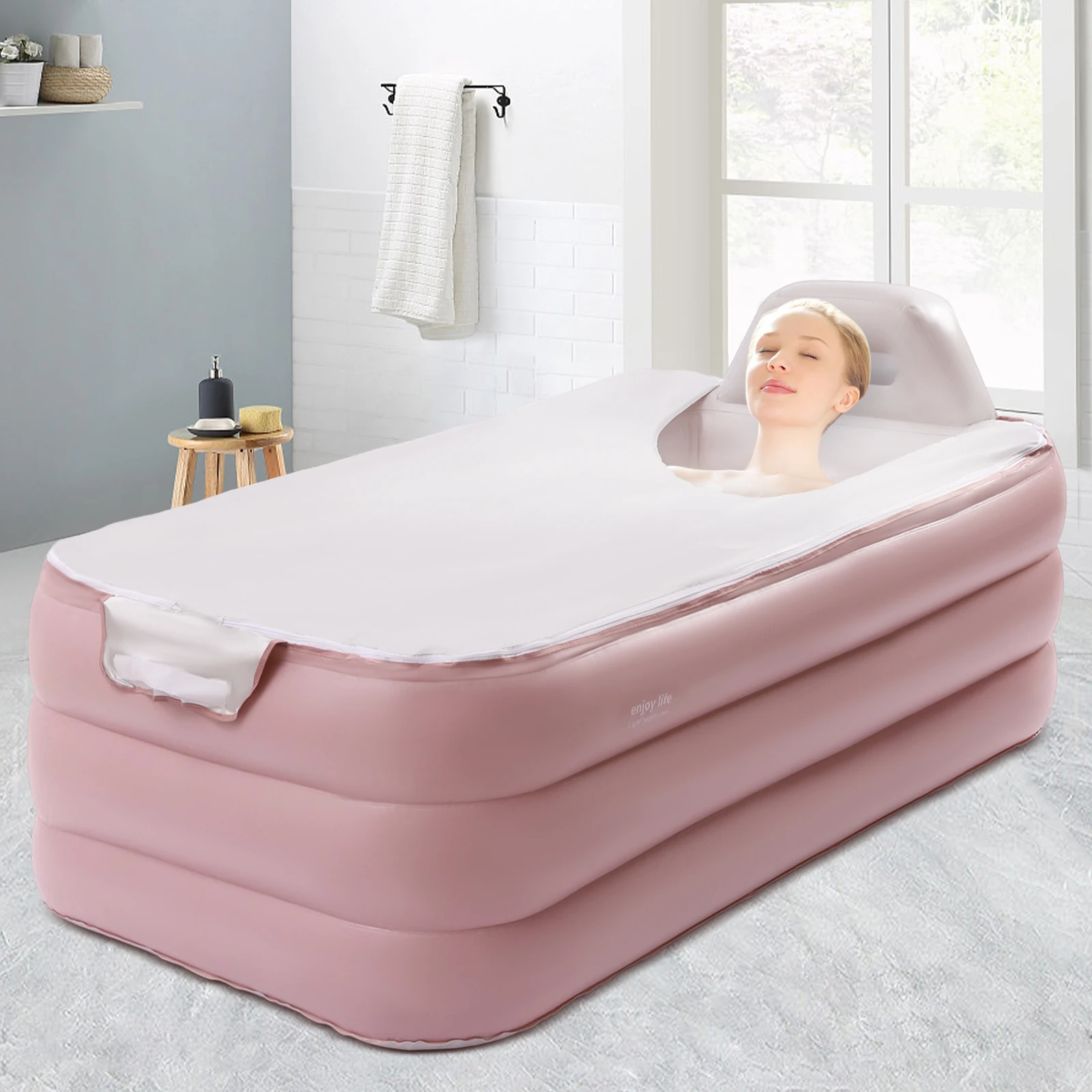 Foldable Inflatable BathTub Travel Pink Bath Tub for Adults Large Tub Spa 1.6m Home Swimming Pool Application (PVC)