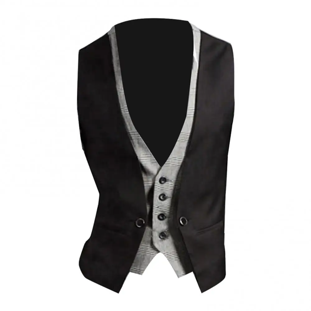 

Men Formal Waistcoat Vest Business Solid Color Single Button Vest gilet Fake Two-pieces V Neck Casual S-lim chalecos para hombre