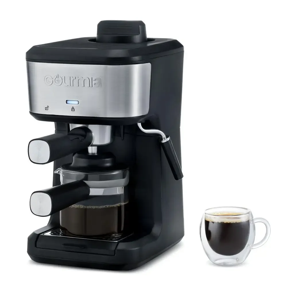 Espresso Cappuccino Latte Maker Brews 4 Shots Frothing Wand Glass Carafe Black Stainless Steel 2