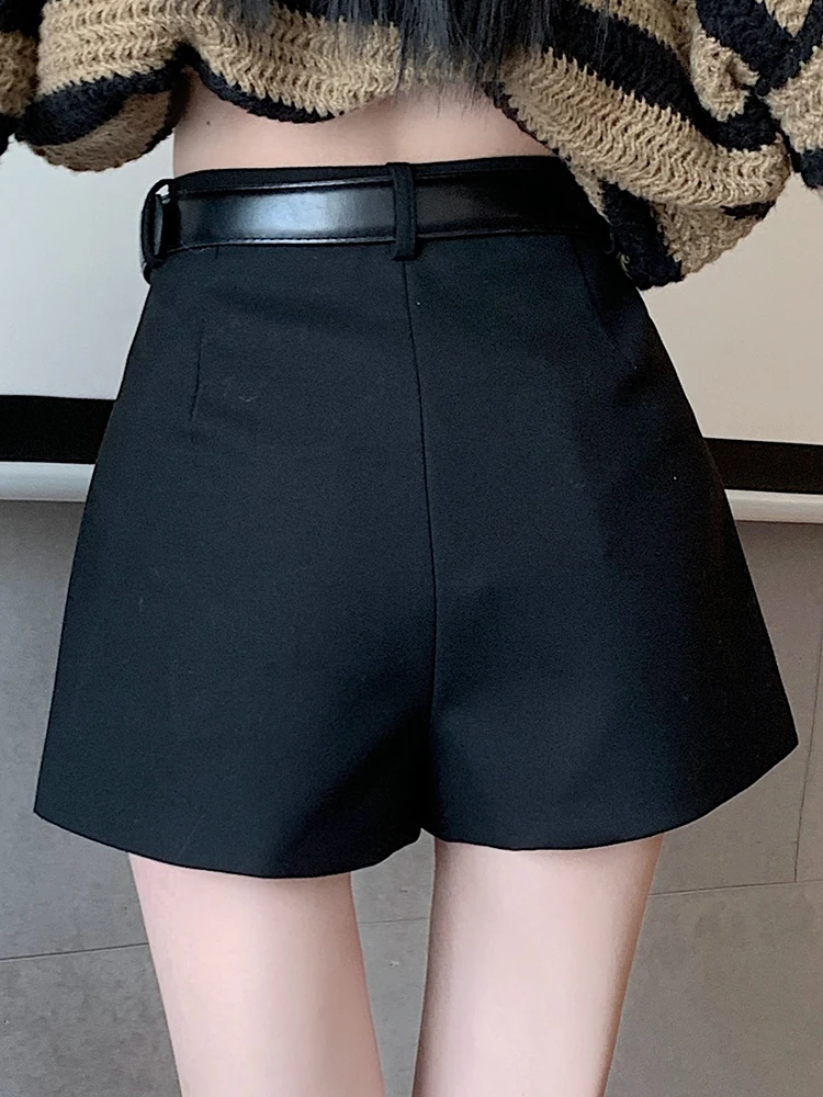 QOERLIN Elegant Suit Shorts Women High Waist Wide Leg Shorts with Pocket Woolen Zipper Korean Fashion Shorts Female Black Grey