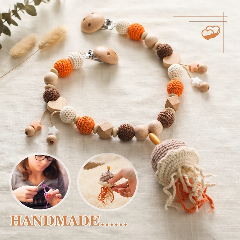 Wood Teether Baby Bed Hanging Rattle Toy Crochet Rattle Baby Comfort Toy Cute Animal Crochet Room Decor Stroller