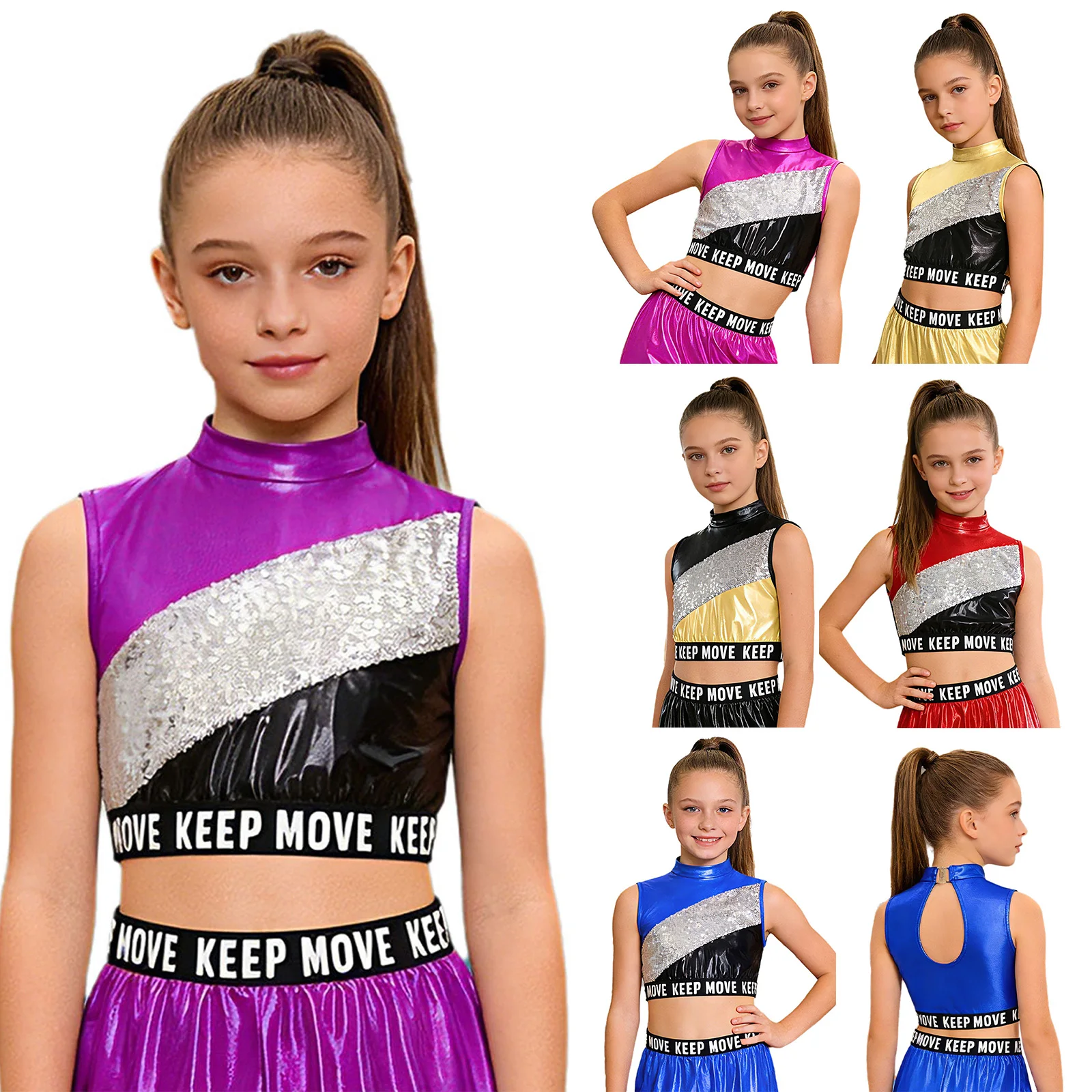 Jazz-Tanzoberteile für Kinder und Mädchen, Hip-Hop-Performance-Kostüm, Buchstabendruck, elastischer Saum, glitzernde Pailletten, Farbblock, metallisches Crop-Top – Detail 2