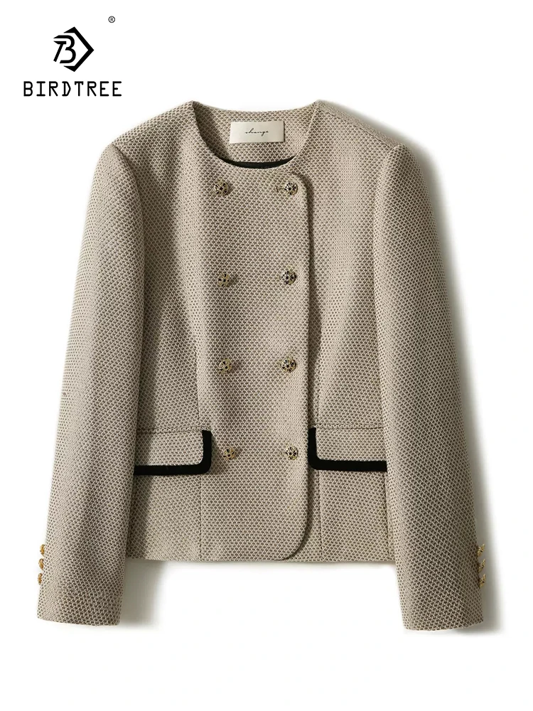 

BirdTree 13.1%Sheep Wool Temperament Coat For Women, French Style Long Sleeve, Elegant Tweed Woven Jacket, 2024 Spring C42108QC