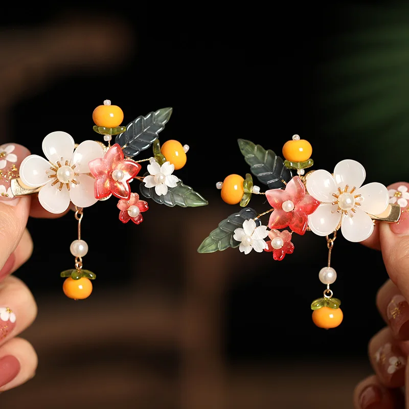 Persimmonförmige Haarspangen, 2 Stück, chinesischer Stil, Mädchen-Haarnadel für Hanfu-Dekor, Retro-Perlen-Blumen-Haarspangen, niedliche Neujahrs-Kopfbedeckung