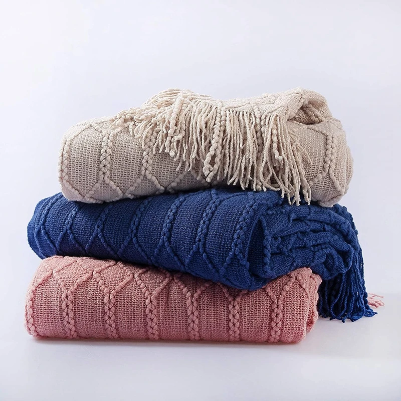 Nordic Knitted Tassels Fringe Pink Blankets Lightweight Throw Solid Blanket Cozy Farmhouse All Season Comfort For Wedding Gift 6