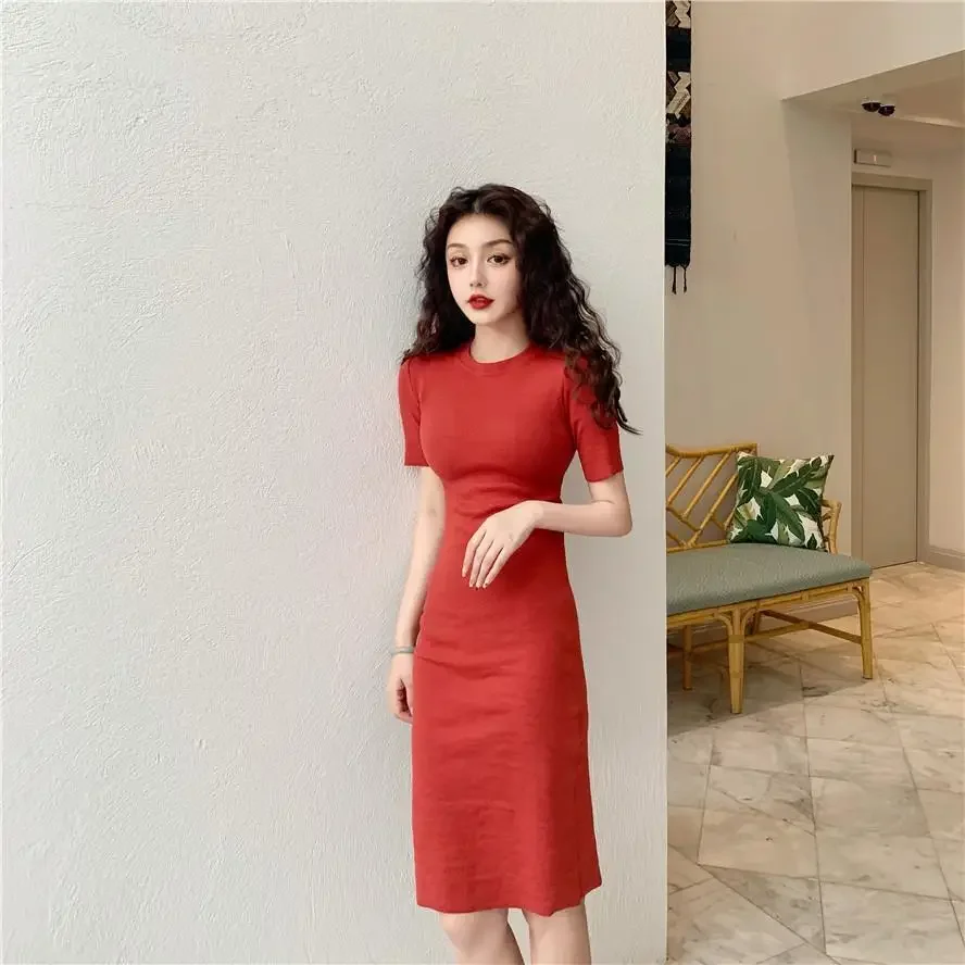 Red Tight Female Dresses 2025 Bodycon Black Women's Dress Midi