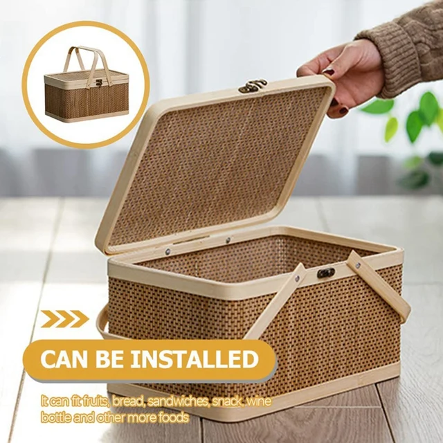 Természetes Barátságos Szövött Kosár Bambusz Piknikkosár Fedéllel, Kézi Snackek Kenyér Tároló - Image 3