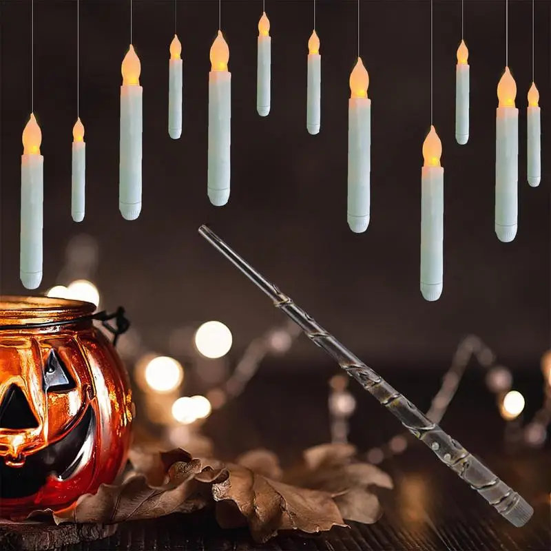 12Pcs Flameless Candles with Magic Wand Remote Floating Taper Candles Halloween Decorations Battery Operated Hangings Candles