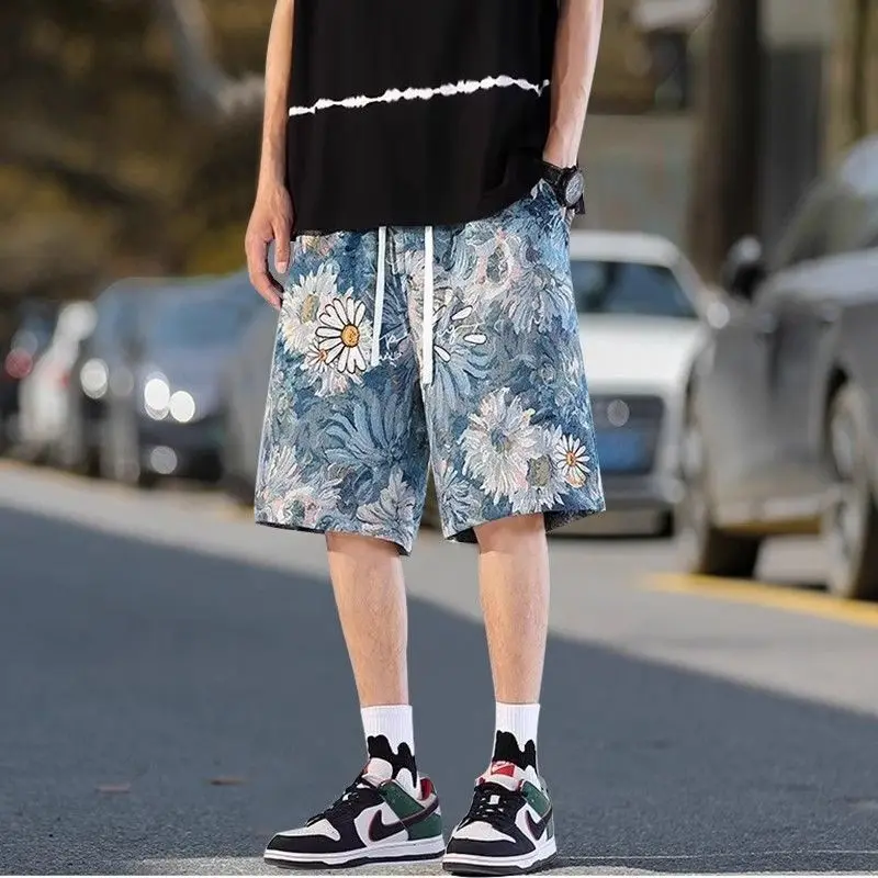 

American Style Trendy 2024 Summer Shorts Men Printed Pocket Elastic High Waisted Drawstring Loose Straight Casual Wide Leg Pants