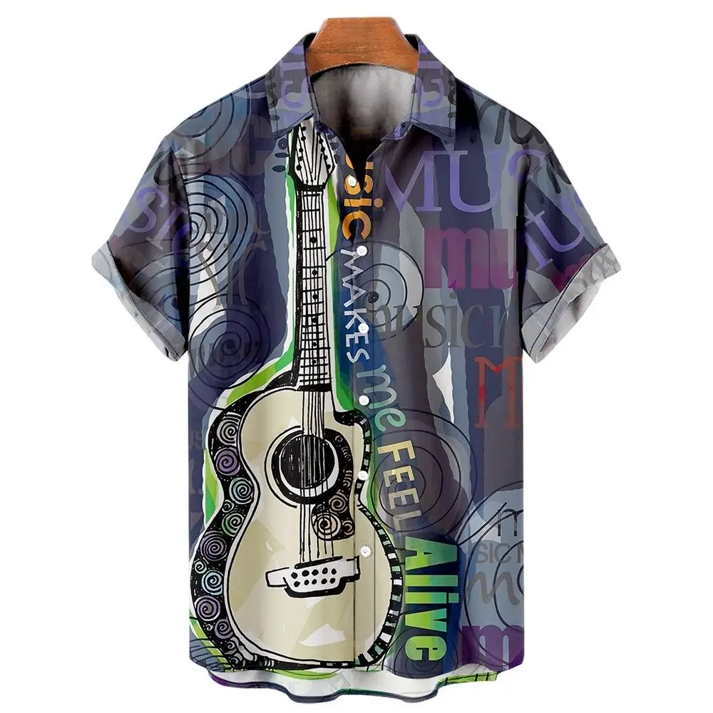 

Music Guitar Print Shirts For Men Rock Hip Hop Tops Male Clothing Short Sleeve V-Neck Beach Ahloa Shirts Camisa Social Masculina