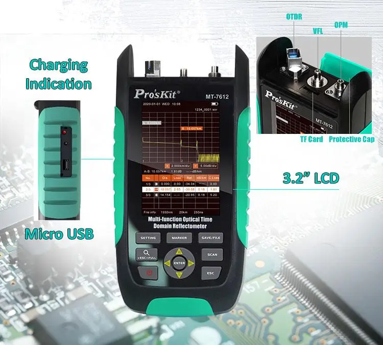Pro'sKit MT-7612F/MT-7616/MT-7617/MT-7618 Multi-function Optical Time Domain Reflectometer Power Meter/OTDR/VFL 3.2" Large Color