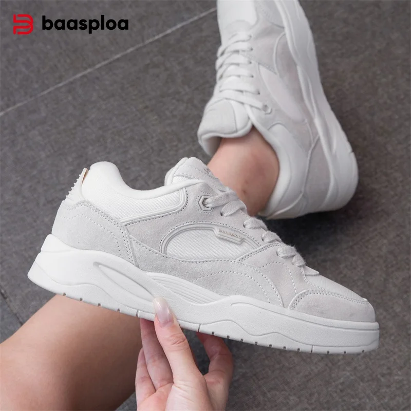 Baasploa Women Skateboarding Shoes Comfort Leather Casual Sneakers Female New Fashion Walking Shoes Non-Slip Height Increase
