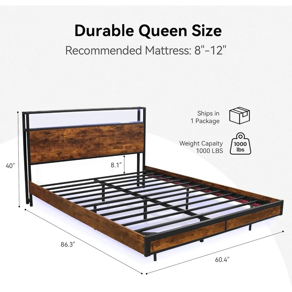 Bed Fram, Queen Size Bed Frame with 2-Tier Storage Headboard, Metal Industrial Style Platform Bed Frame with Charging Station 2
