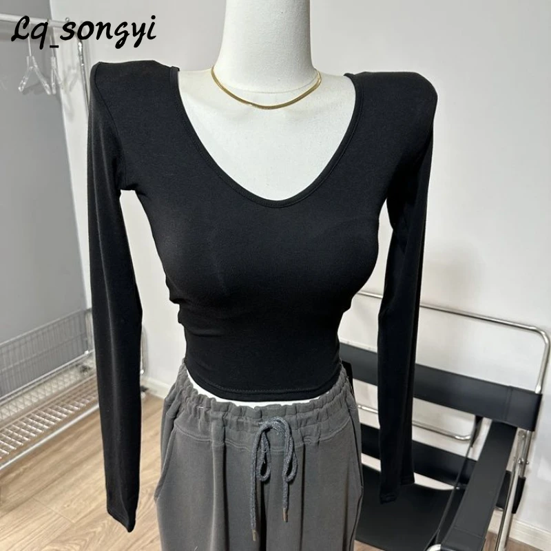 

Lq_songyi V Neck Long Sleeve T Shirts Basic Slim T Shirts Women Spring High Strecth Crop Top Shoulder Pads Short Solid T Shirt