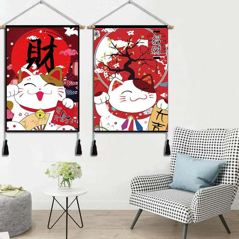 

Japan Fortune Cat Scroll Wall Paintings Chinese Style Anime Poster Living Room Decor Hanging Restaurant Decoration Wall Art