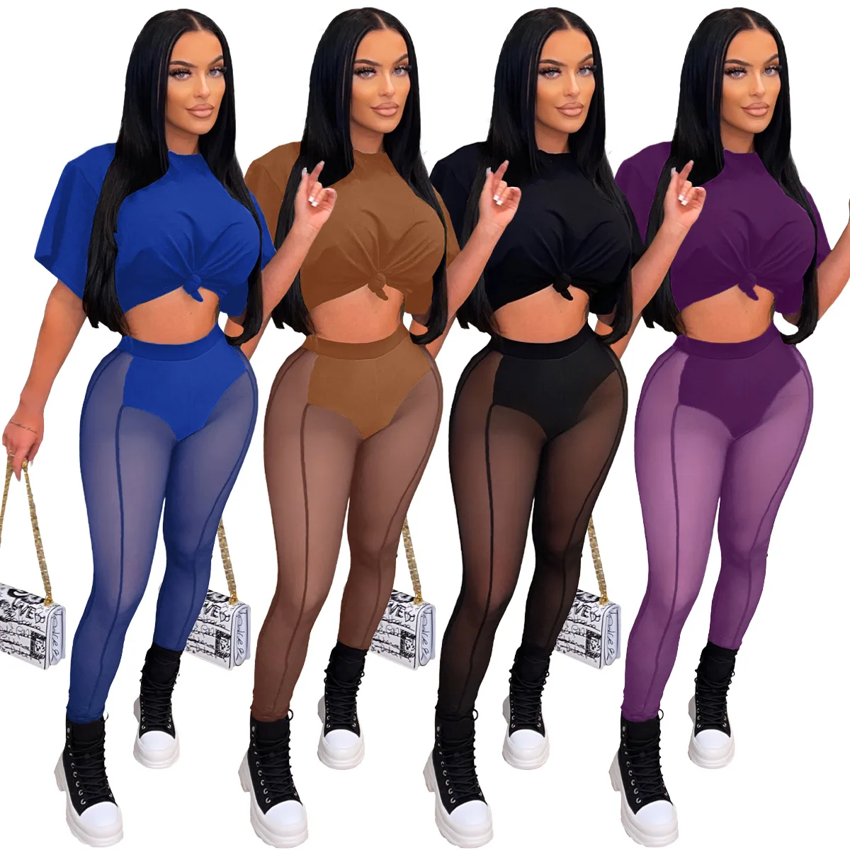 

European and American women's fashion sexy perspective mesh pants + solid T-shirt two-piece set 2 piece sets womens outfits