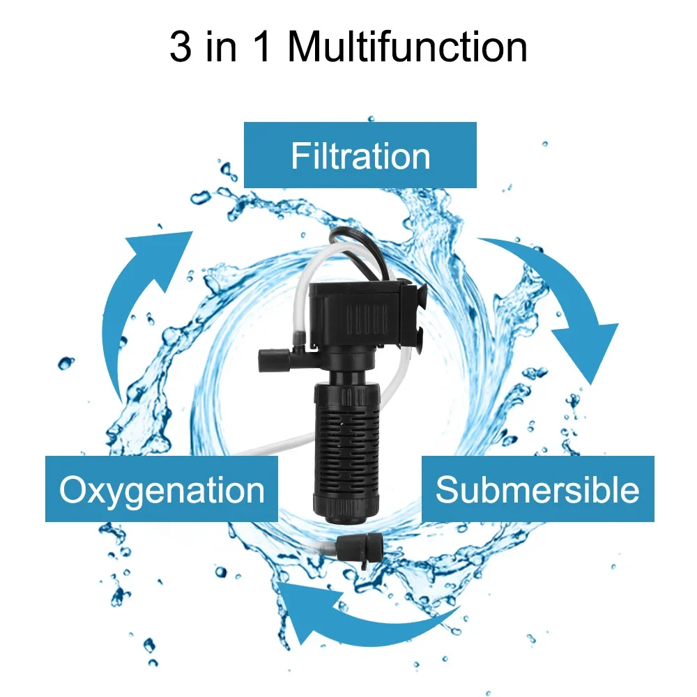 Mini Fish Tank Filter, Quiet Submersible Aquarium Pump for Fresh/Saltwater,200L/H with Oxygen Pump, EUPlug, Easy Clean