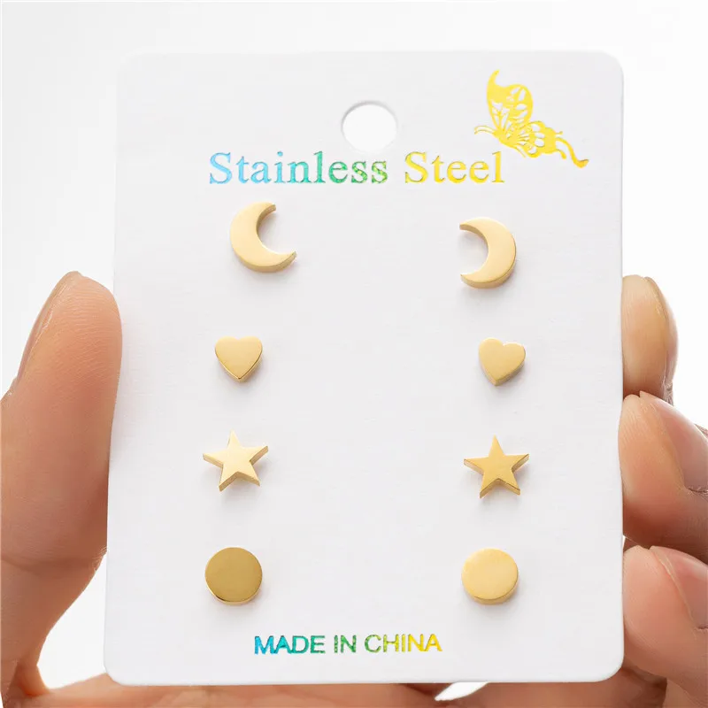 Stud Earrings 4Pairs/Lot Small Geometric Stainless Steel for Women Men Daily Jewelry Round Heart Star Earings Korean Pendientes