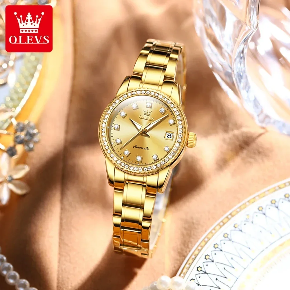 OLEVS Automatic Mechanical Watch for Women Diamond Calendar Dial Stainless Steel Waterproof Luminous Elegant Women's Wristwatch 2