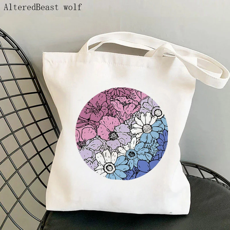 Women Shopper bag Agender pride flowers Printed Bag Harajuku Shopping Canvas Shopper Bag girl handbag Tote Shoulder Lady Bag