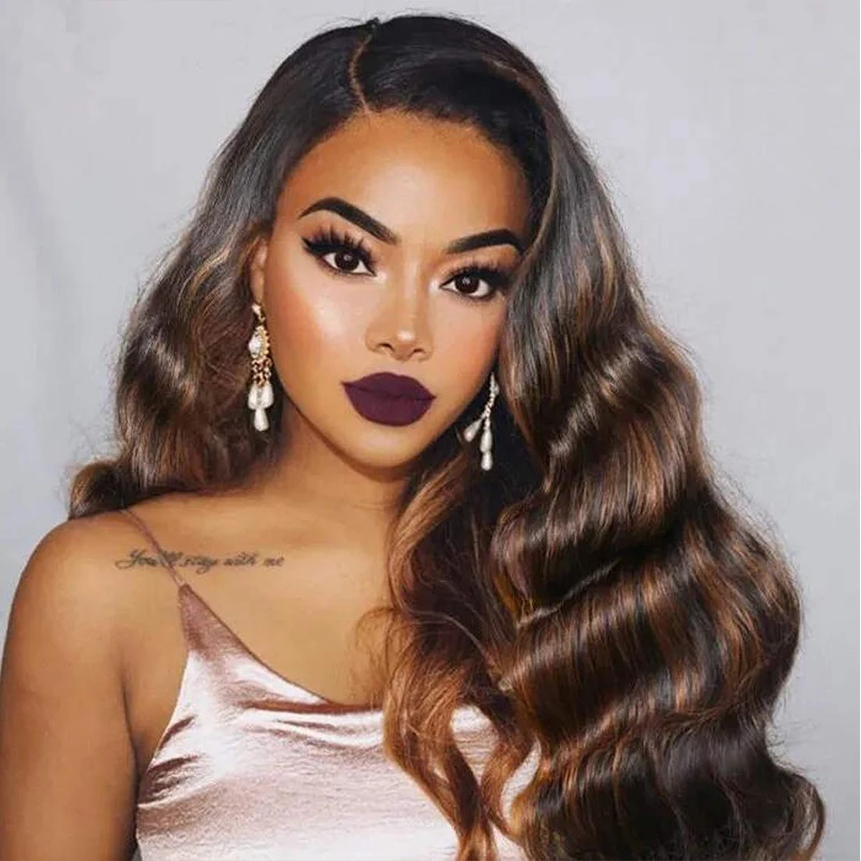 Brown Highlight Body Wave Human Hair Weave Bundles Deal Brazilian Virgin Hair Ombre Blonde Human Hair Wavy Sew in Piano Color 2