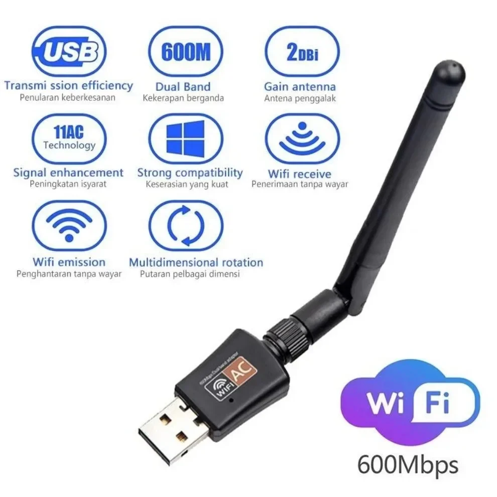 USB WiFi 무선 네트워크 카드 600Mbps USB WiFi 어댑터 듀얼 밴드 2.4GHz/5GHz 와이파이 동글, 노트북 PC용 회전식 안테나 포함