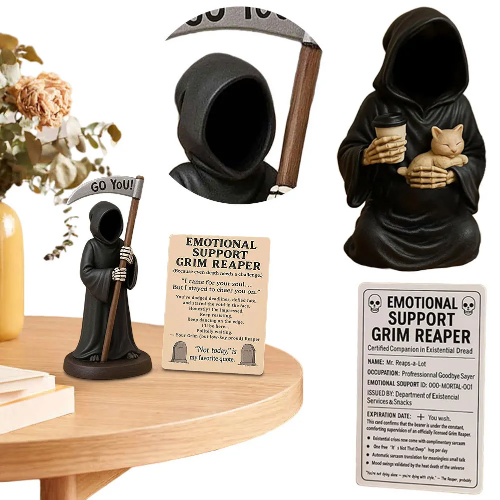 Emotional Support Grim Reaper Figurine with Support Card Resin Gothic The Death God Statue Desktop Ornament Halloween Decoration