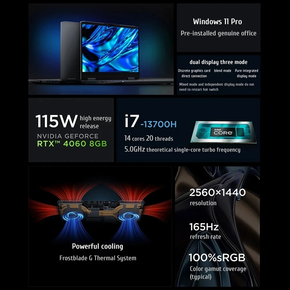 레노버 GeekPro G5000 15.6 인치 E 스포츠 게이밍 노트북, 13 세대 인텔 i7-13700H/i5-13500H RTX4050 6G/4060 8GB 2.5k 165Hz 게임 노트북