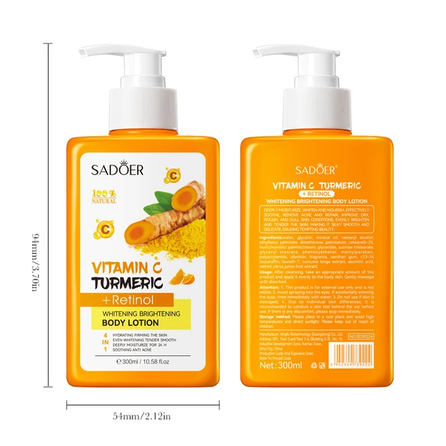 300ml Crema per il corpo alla curcuma Macchie scure Lozione sbiancante Vitamina C Crema idratante per il viso Tenera rassodante Cura della pelle del corpo 6