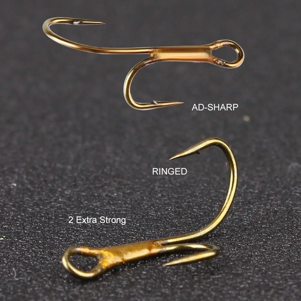 20 Stück Stacheldraht goldene Doppel Angelhaken Ryder Hecht toten Köder Raubtier Lachs Forelle Barsch Ring Zander Doppelhaken – Detail 6