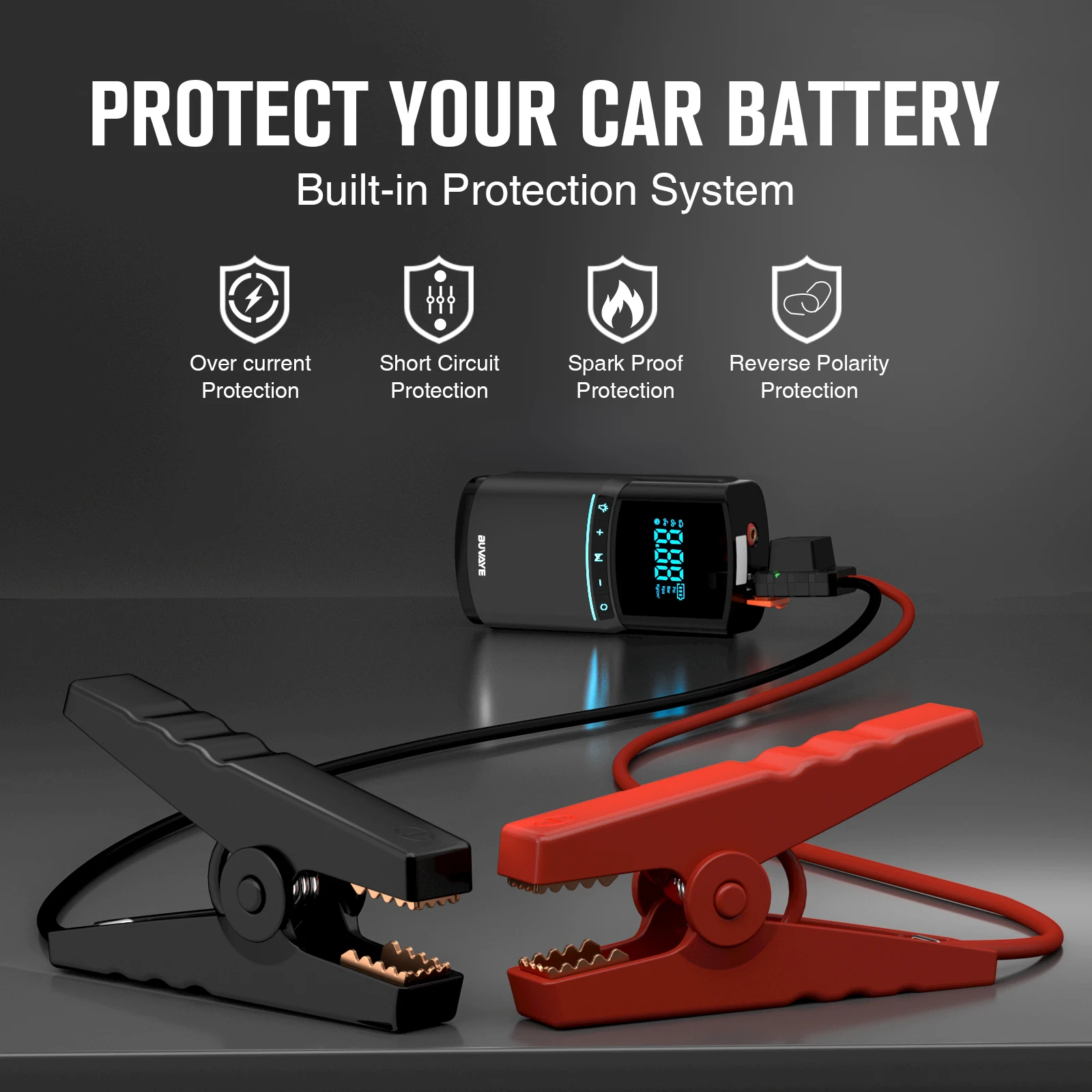 BUVAYE Car Jump Starter 2000A Air Compressor Pump 150PSI Power Bank 12000mAh Battery Booster 12V Digital Auto Tyre Inflator