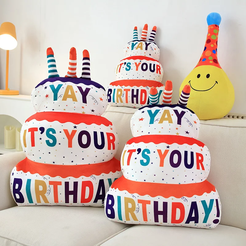 Creative Simulation Happy Birthday Cake Plush Throw Pillow Toy Cute Stuffed Festival Party Cap Plushies Soft Kids Toys for Child