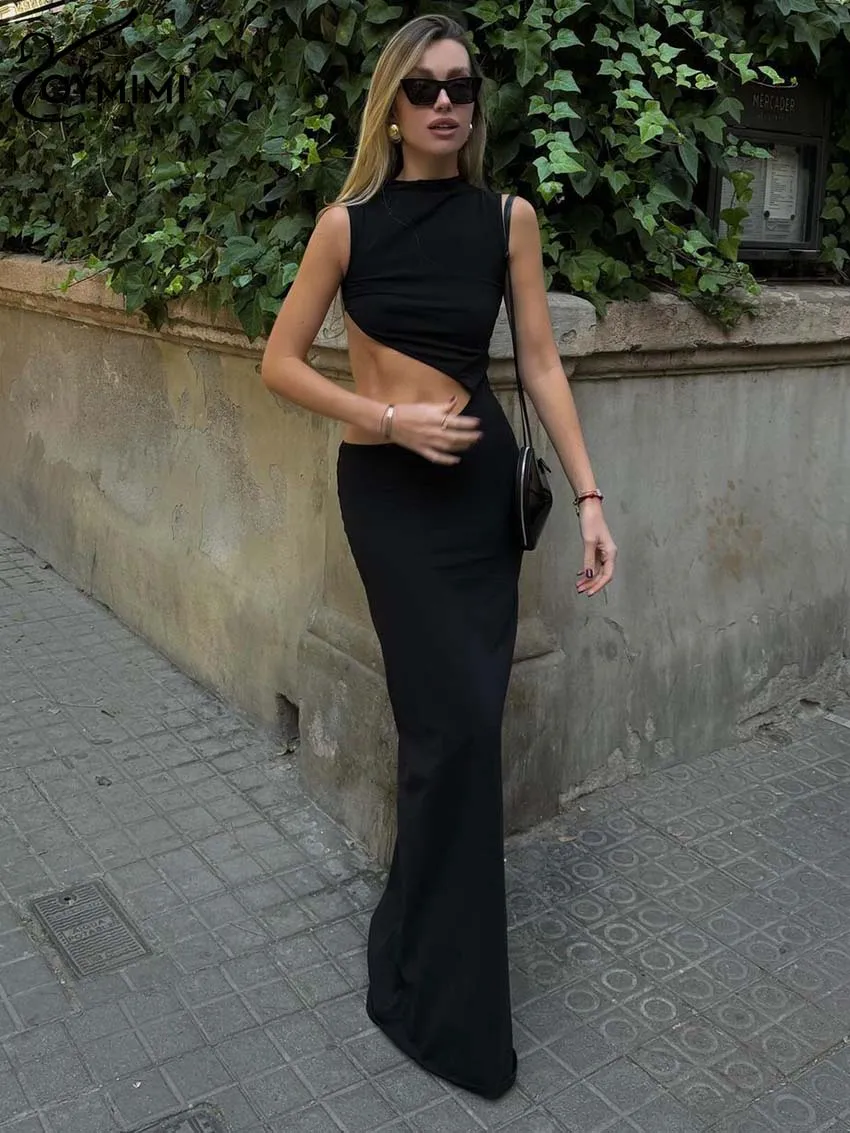 

Oymimi Fashion Black O-Neck Dresses For Women 2024 Casual Sleeveless Hollow Out Slim Dresses Elegant Straight Floor-Length Dress
