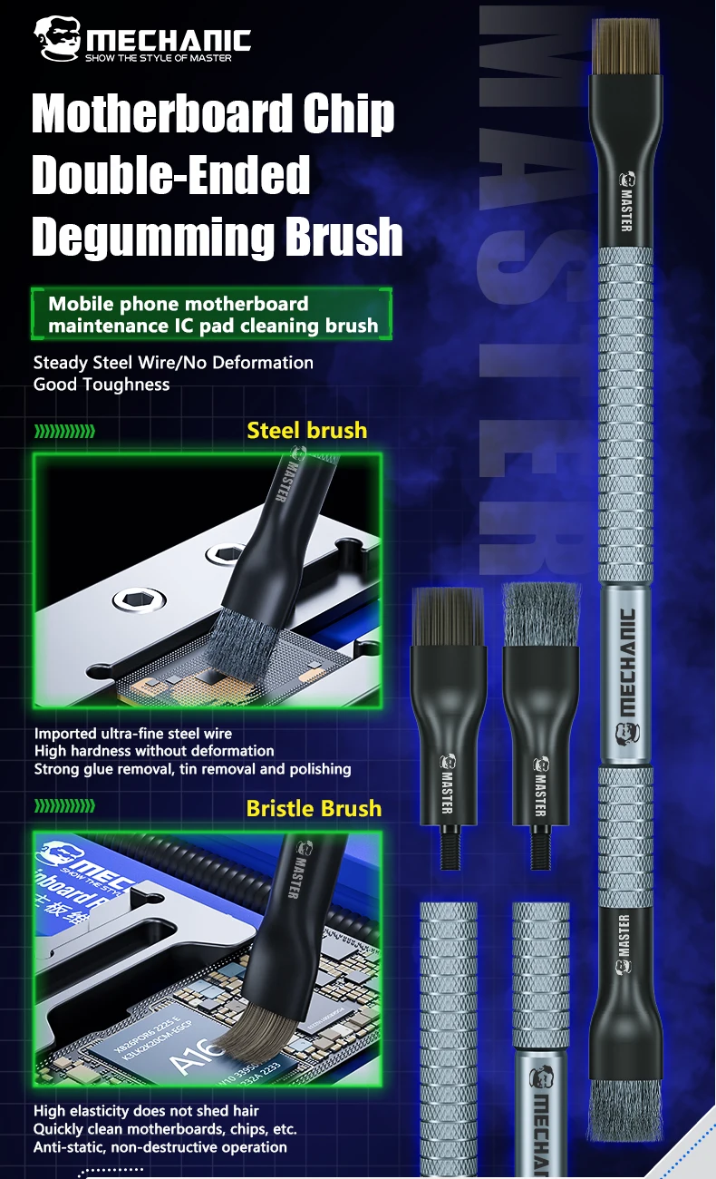 Description Picture 2 of itemMECHANIC Motherboard Cleaning Brush Dust Cleaning with Replacement Head Cellphone Chip Tin Glue Removal Bristle/Steel Brush tool