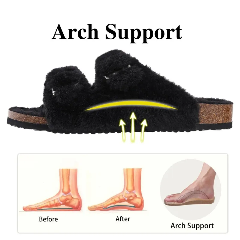Women Fuzzy Slippers with Arch Support and Adjustable Buckles