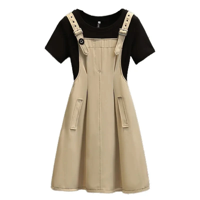 

Fashion Loose Spliced Pockets Fake Two Pieces Mini Dress Female Clothing 2023 Summer New Oversized Short Sleeve Casual Dresses