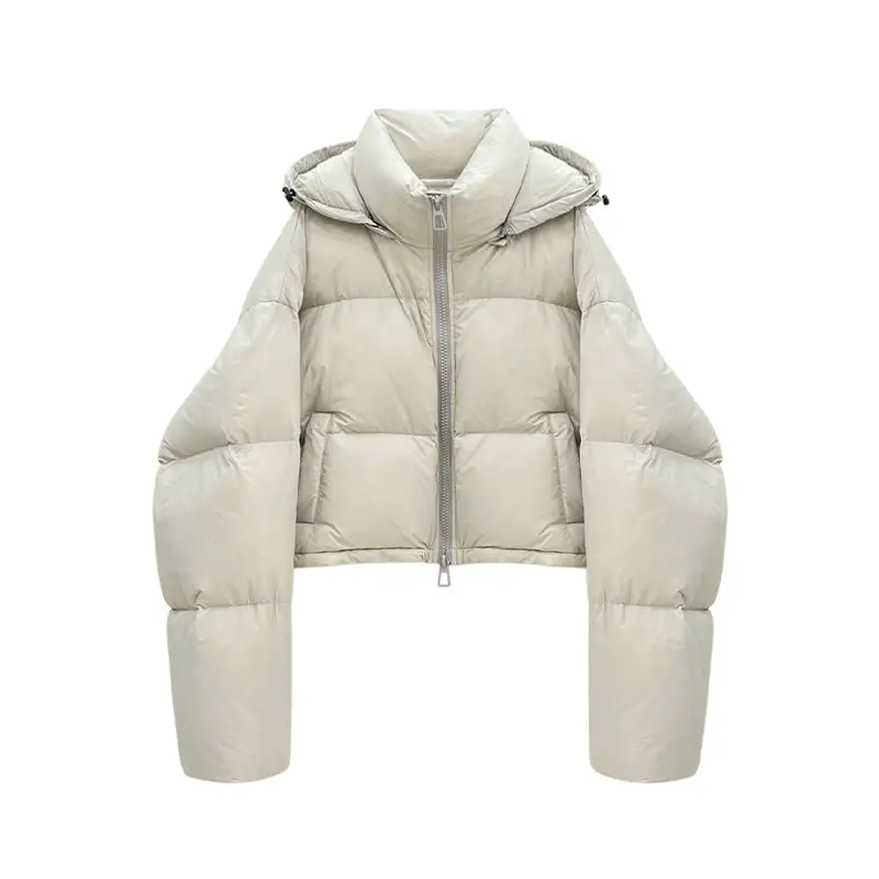 

2023 Short Winter Women Hooded Thick Warm White Duck Down Coat Casual Female Loose Zipper Pocket Snow Jacket Chic Outwear Y129