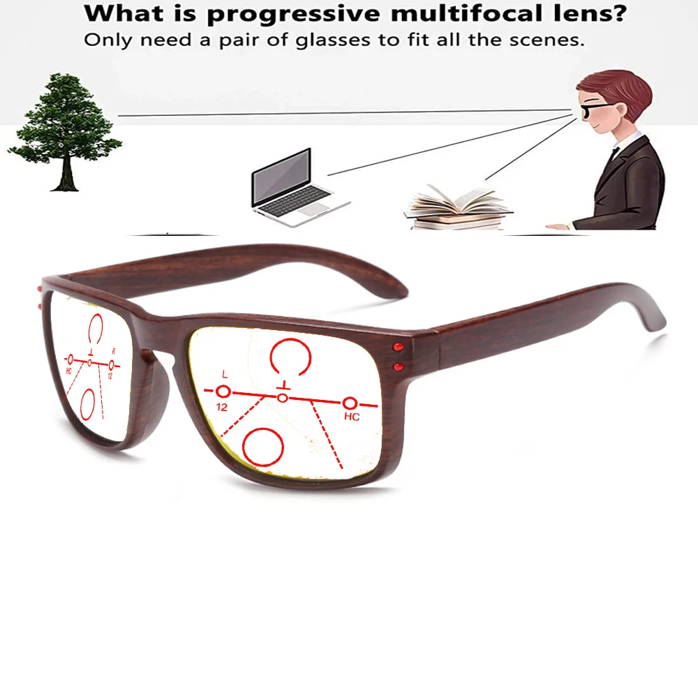 

Квадратные бамбуковые деревянные очки большого размера удобные прогрессивные Мультифокальные очки для чтения от + 0,75 до + 4
