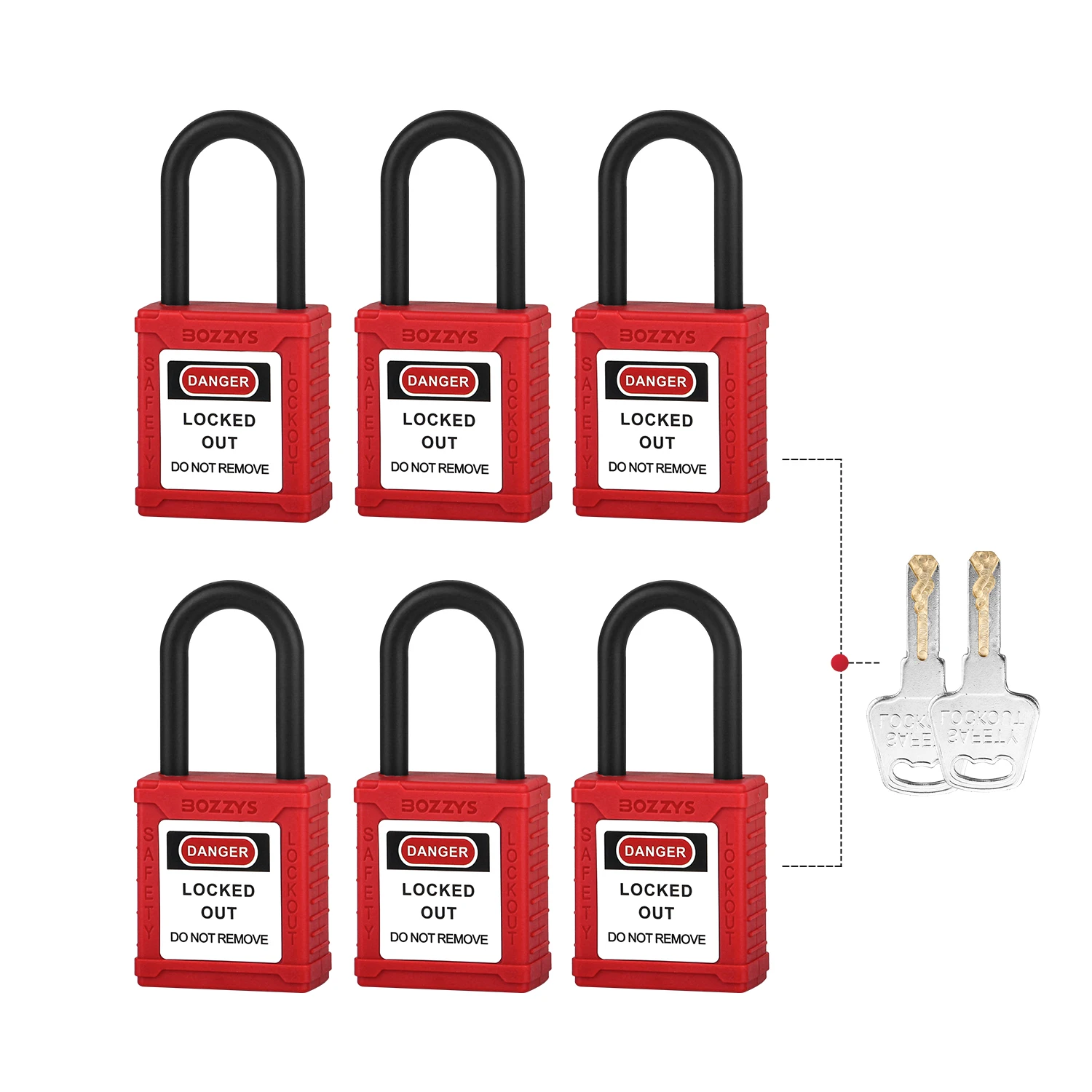 

6PCS Master Keyed Safety Padlock with 6*38MM Insulated Nylon Shackle for Industrial Lockout-Tagout use on Conductive Areas