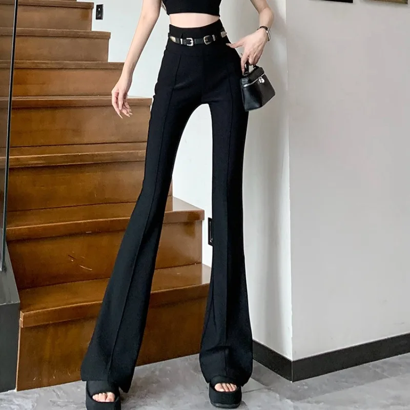 Black Flare Pants Women 2024 Spring Summer Fashion High Waist Trousers with Belt Sexy Slim Elastic Casual Long Pants Y2k Clothes