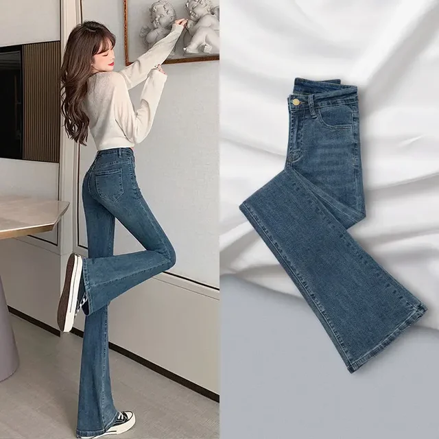 Jean amincissant en Denim à jambes droites pour femme, Petite, bleu, gris, haute élasticité, Micro évasé, façonnant, Silhouette lisse, automne/hiver 1
