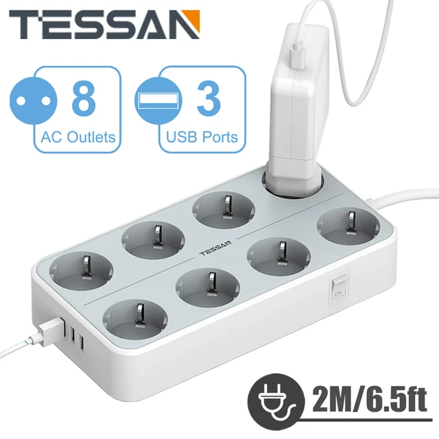 TESSAN-regleta eléctrica con interruptor, 4/6/8 salidas, 3 puertos USB,  Cable de extensión de
